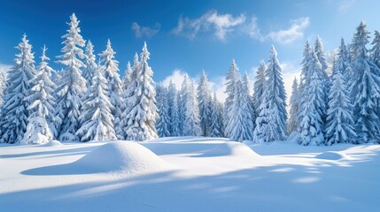 High-end photography of a serene winter landscape with snow-covered trees and a clear blue sky