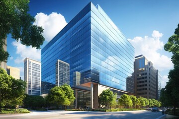 Fototapeta premium Modern glass office building sleek architecture reflective blue windows
