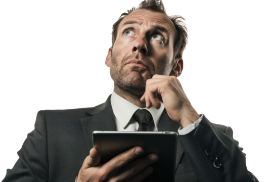 Focused Businessman with a Furrowed Brow Reflecting Deep Thoughts and Concerns in the Corporate World