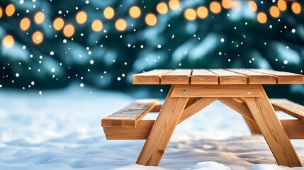 Snowy Winter Picnic Table Christmas Lights Background Wooden Bench