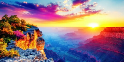 Fototapeta premium A vibrant sunset over a canyon, highlighting natural beauty and serene landscapes.