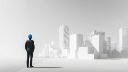Businessman in hardhat overlooking a grayscale city model.