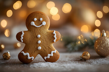 Delightful Christmas gingerbread cookie man on a festive table setting. Generative AI.