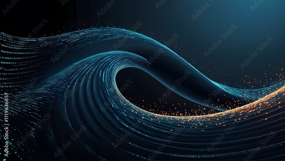 Poster abstract digital wave background with vibrant gradient colors and glowing dots forming a flowing, fu
