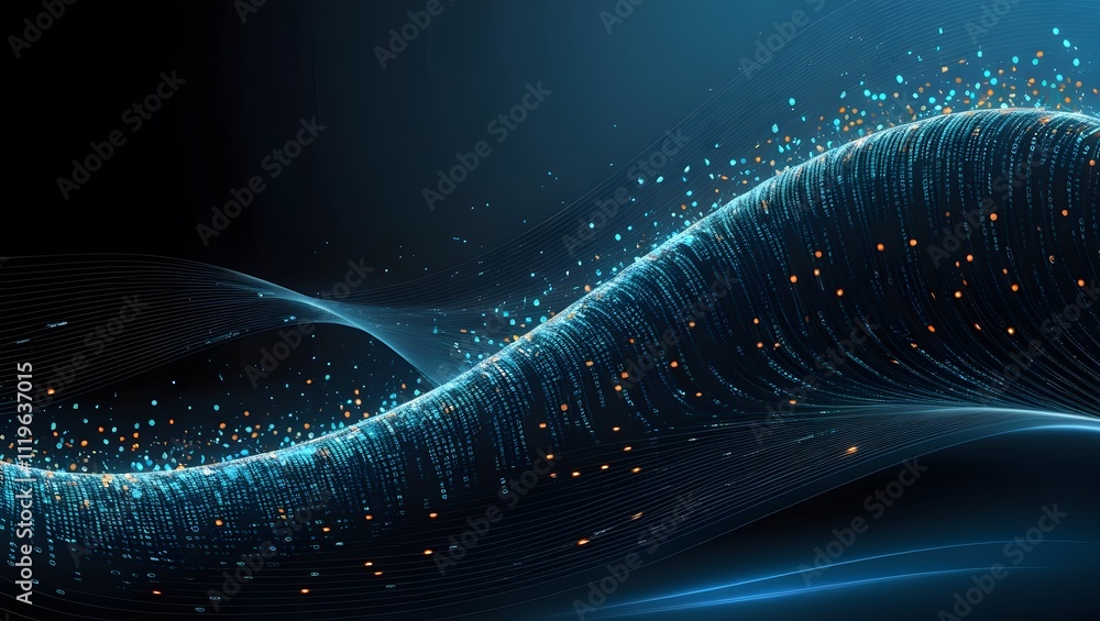 Poster abstract digital wave background with vibrant gradient colors and glowing dots forming a flowing, fu