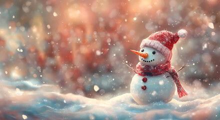 A cheerful snowman wearing a red scarf and hat amid falling snowflakes. Generative AI.