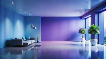 Modern minimalist living room interior design with blue and purple walls, sleek furniture, and potted plants