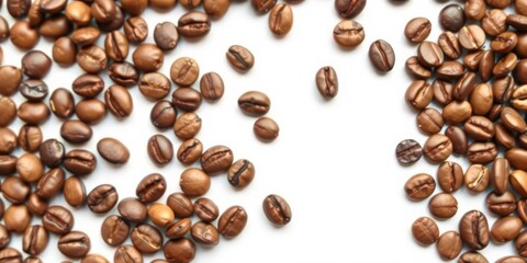 A close-up view of high-quality coffee beans isolated on a white background, ideal for coffee shop flyers or websites, high-quality
