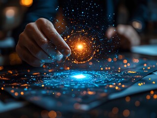 Futuristic Business Acquisition with Merging Company Logos Hologram Over Desk