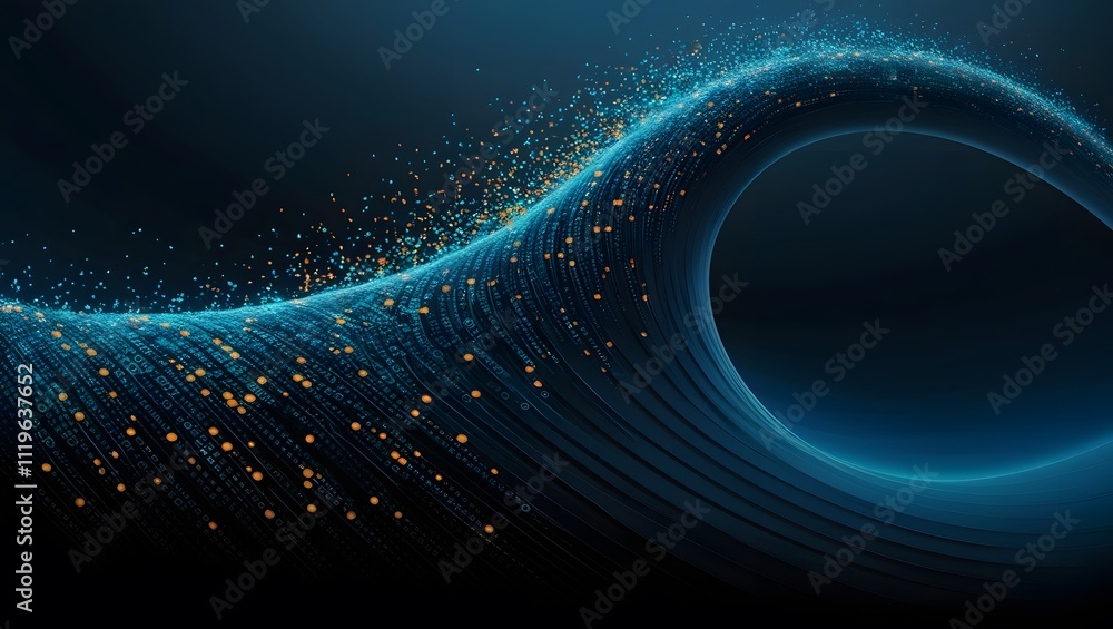 Poster abstract digital wave background with vibrant gradient colors and glowing dots forming a flowing, fu