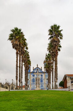 Cortegaca, Portugal - November 8, 2024 : tipical blue tiled portuguese church with palm trees, Igreja de Santa Maria de Cortegaca