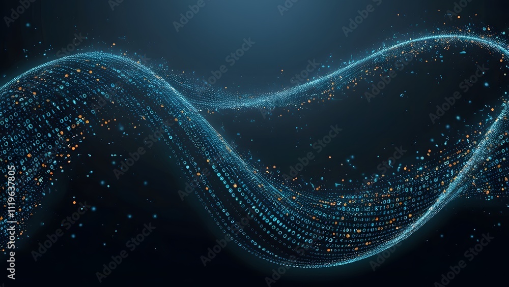 Poster abstract digital wave background with vibrant gradient colors and glowing dots forming a flowing, fu