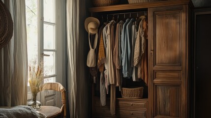 Wooden wardrobe with clothes hanging inside, a hat on top, and a basket below.