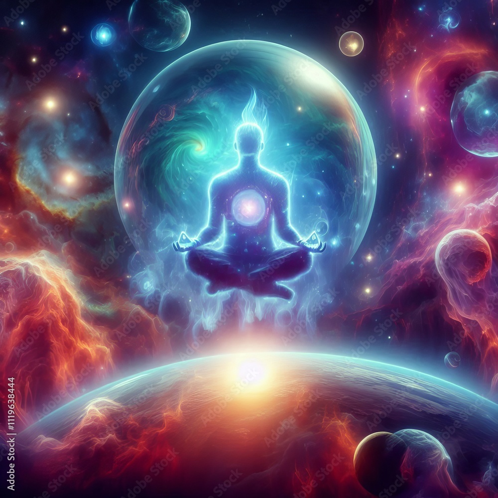 Poster astral projector exploring the cosmos a character in a meditativ