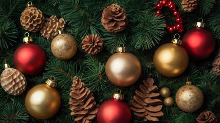 Chirstmas background with leaves and ornaments