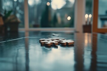A single jigsaw puzzle piece rests on a smooth surface, surrounded by serene, blurred background, signifying complexity, connection, and the journey to completion.
