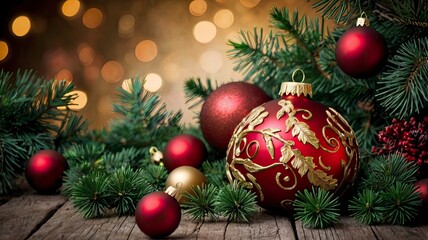 Chirstmas background with leaves and ornaments