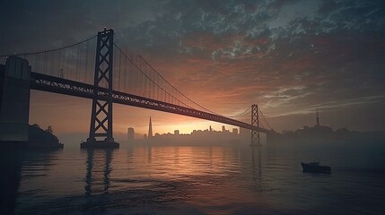 Obraz premium Foggy sunrise over suspension bridge and city skyline.