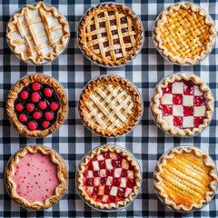 Assorted Mini Pies Delicious Fruit Cream Tarts Rustic Crusts Overhead Shot