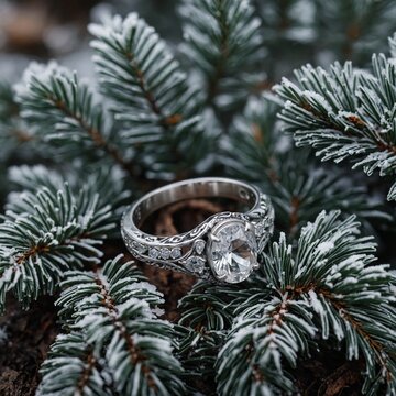 A frosted silver ring nestled among icy pine branches.
