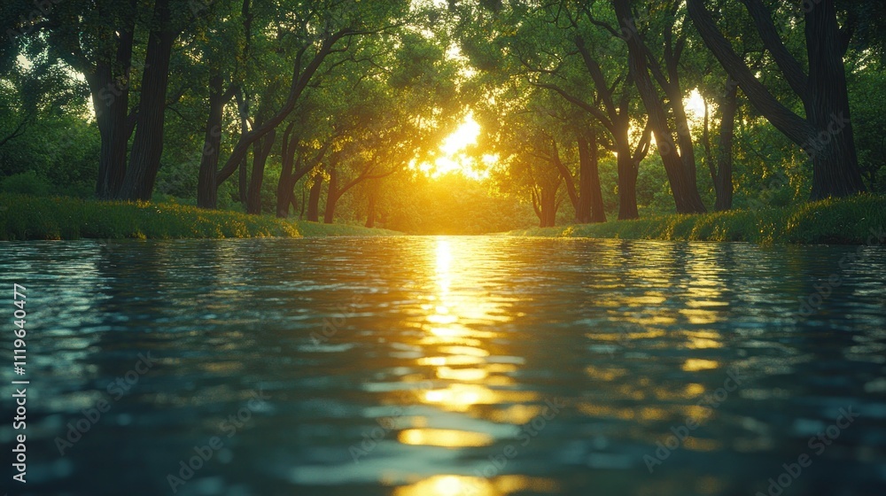 Poster sunlit path through lush trees reflected in tranquil water.