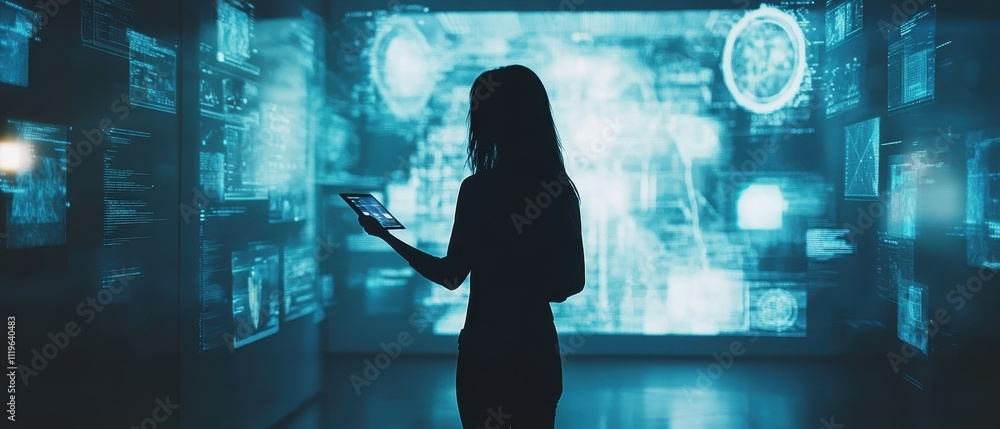 Poster business professional engaged in innovative technology and data analysis while interacting with digi