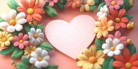 Vibrant Heart-Shaped Layout Surrounded by Mixed Flowers on a Soft Background for Joyful Celebrations and Expressive Designs
