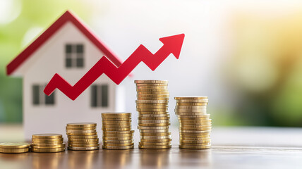 a building model or house silhouette. Home appreciation, security, and investment position, evolution of money advertisement,