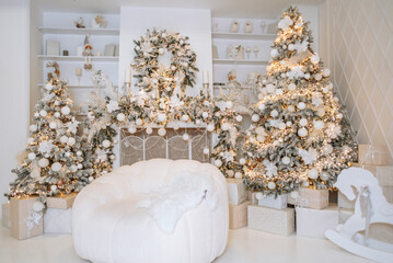 Elegant winter wonderland living room with festive decorations for Christmas