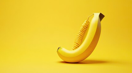 A pop art composition featuring a banana shaped like a telephone on a bright yellow background. Creative and trendy minimal aesthetic for fruit lovers.