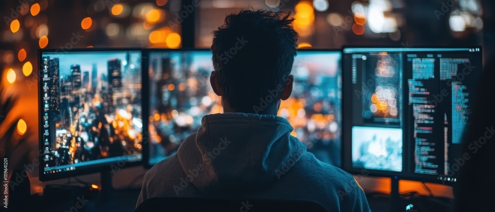 Poster individual coding with multiple monitors in a dimly lit urban workspace at night