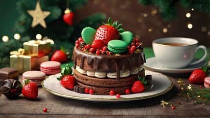 Chirstmas cake and new year celebration with red strawberry, chocolate bar green tea and macarons topping with wreath 3d illustration