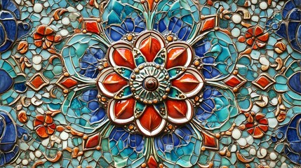 Intricate mosaic tile with a vibrant floral pattern in blue, red, and orange hues