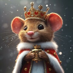  Royal mouse wearing a golden crown and red cloak, holding a scepter in a snowy, regal setting