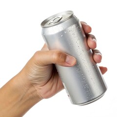 A hand holding a sleek aluminum can. Hand Holding a Plain Aluminum Beverage Can.