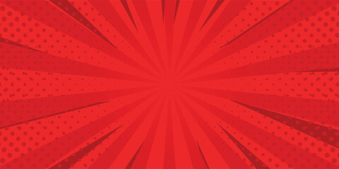 Obraz premium Red comic sunburst effect background with halftone. pop art comic-style vector background. Suitable for templates, sale banners, events, ads, web and pages
