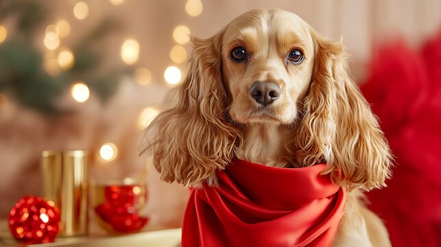 Charming Golden Cocker Spaniel Adorned with a Festive Red Scarf Amidst Twinkling Christmas Lights and Elegant Holiday Decor Background