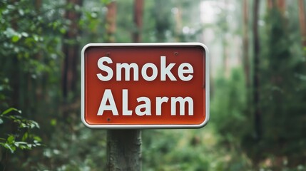 Smoke alarm warning sign in a forested area for fire safety awareness.