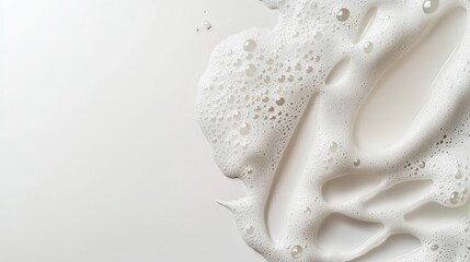 A close-up view of a skincare cleanser with a foamy texture and bubbles on a white background, providing ample empty space.