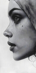 Graphite pencil drawing of woman’s face in side view, simple beauty