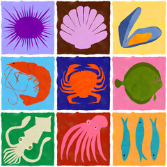 Colorful seafood animals pattern set. Watercolor isolated drawing for restaurant menu, wallpaper or wedding celebration and aquarium