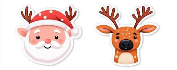 Fototapeta premium Cute Santa Reindeer Christmas Stickers Holiday Illustration