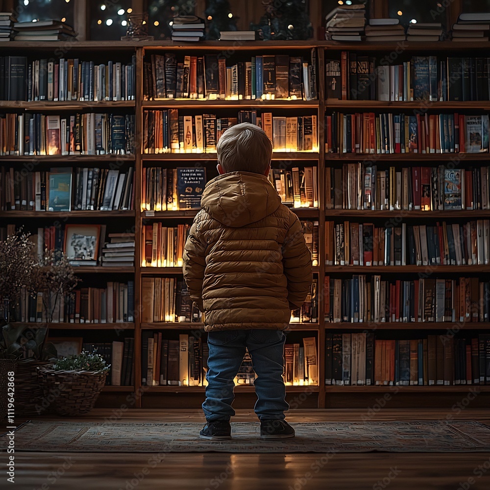 Poster a child exploring the vast knowledge of a glowing bookshelf representing the power of education to n