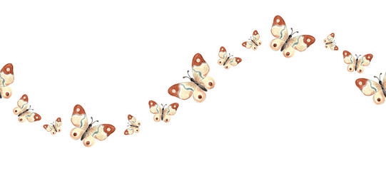 Butterflies delicate with wings flutter. Wavy seamless border. Summer horizontal banner. Hand drawn watercolor illustration isolated. Flying insect. Template for wallpaper, textile, embroidery, print.