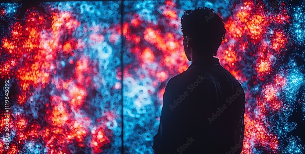 Poster futuristic student exploring virtual simulations of scientific fields in captivating lab setting