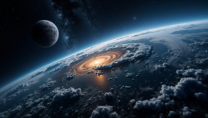 Fototapeta premium Earth view from space with galaxy and moon
