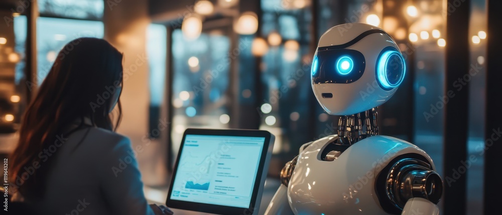 Poster robot assistant engaging with a human in a modern workspace during the evening hours