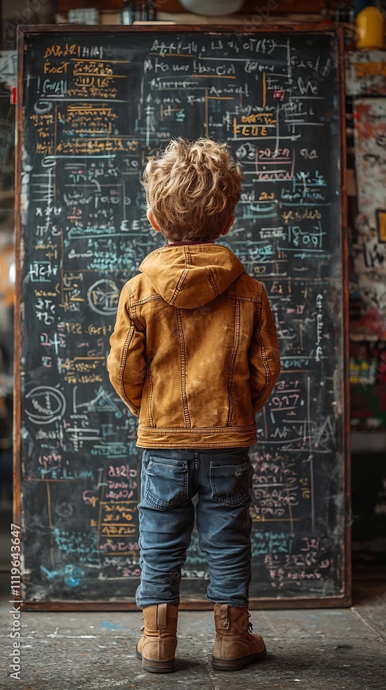 Poster curious student solving complex mathematical equations on a vibrant chalkboard
