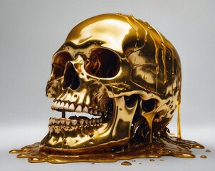 Golden metallic skull with dripping liquid effect against white background. Luxurious art piece combines macabre subject with rich material creating dramatic visual statement