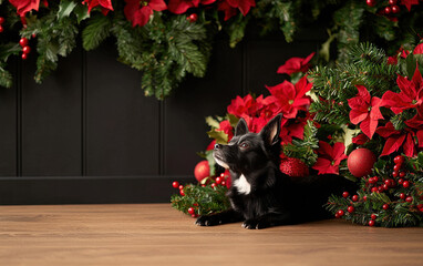 black dog lies on wooden floor surrounded by festive red poinsettias and green holiday garlands